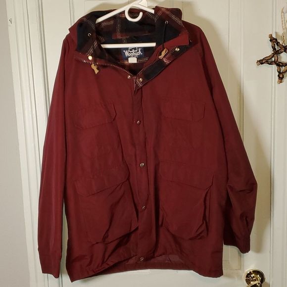 Woolrich‎ Vintage Hooded Rain Jacket Windbreaker XL Burgundy Plaid Lined - Picture 1 of 9